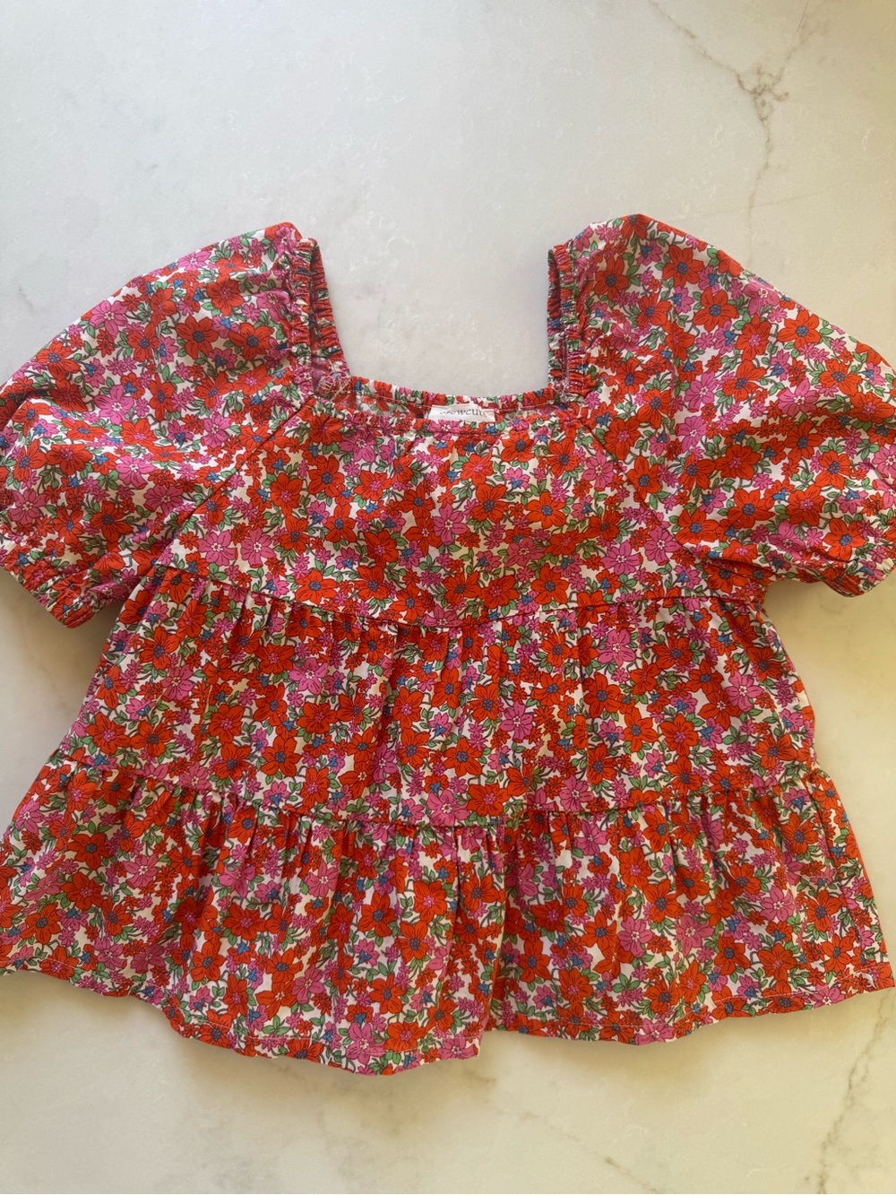 Crewcuts Red Pink Floral Puff-Sleeve Top sz 4-5